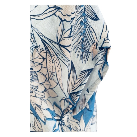 H HALSTON Linen Floral Shirt Top Size L Button-Up Short Sleeve Blue White - Picture 4 of 8